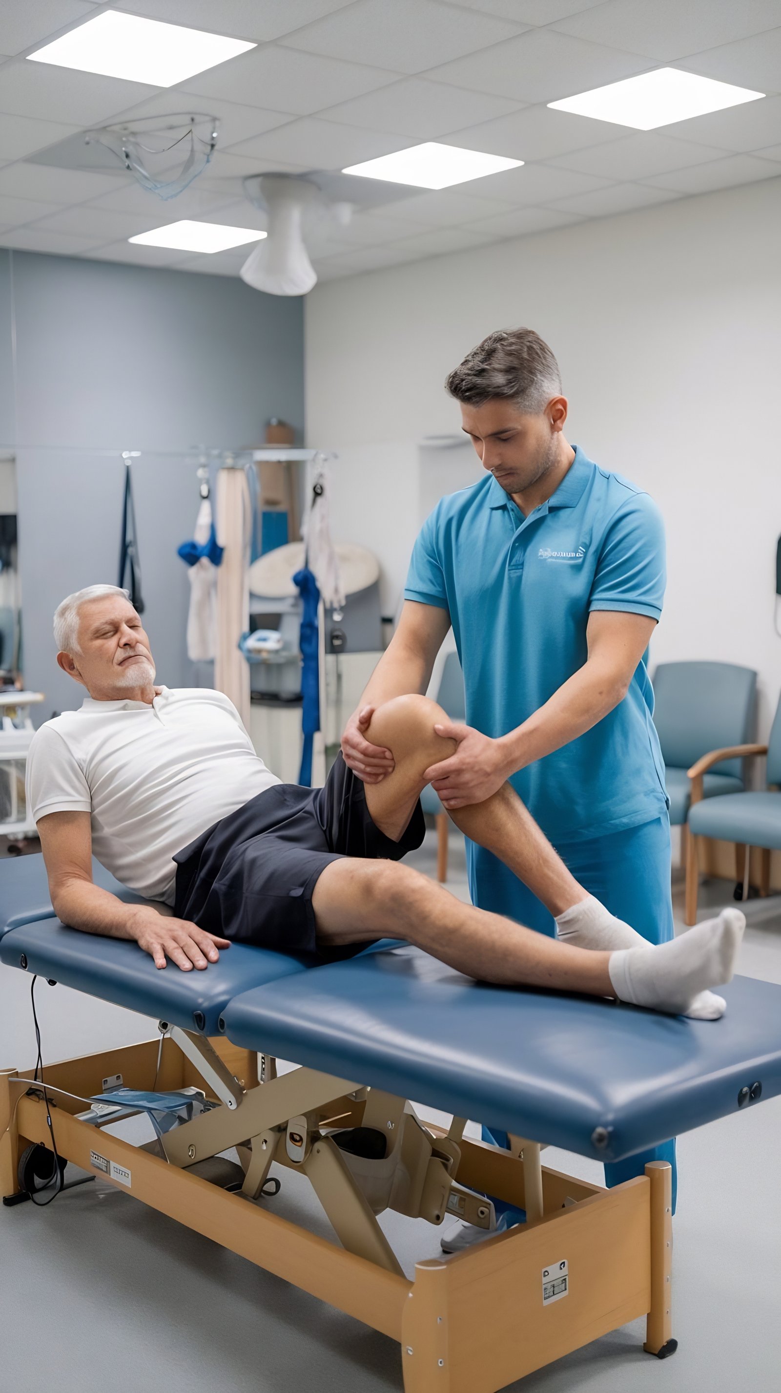 Physiotherapist massaging a senior patient's leg during a consultation