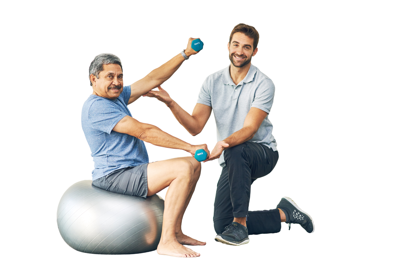 Physiotherapist supervising an older patient's dumbbell exercise